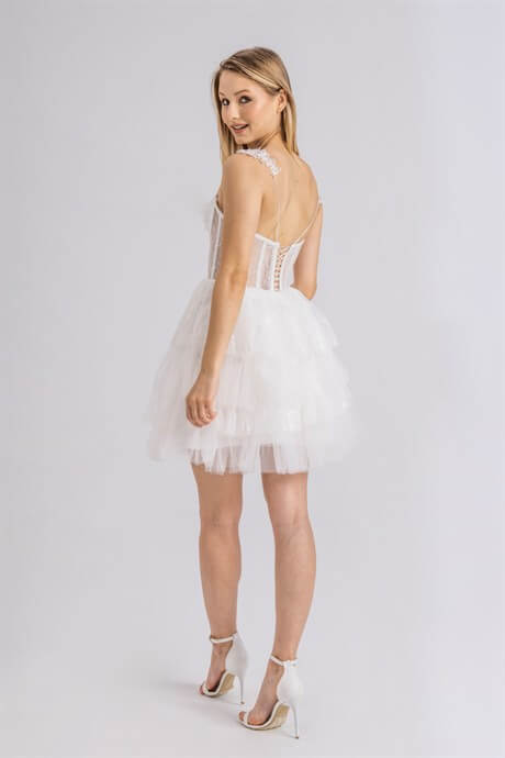 Lenta Moda White Lace Detailed Mini Evening and Party Dress