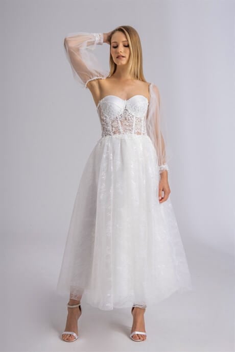 Lenta Moda White Midi Lace Detailed Evening and Wedding Dress