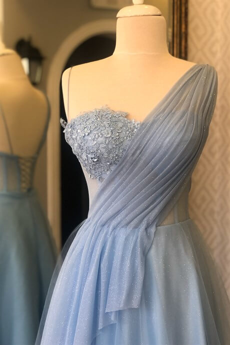 Ice Blue Draped Detailed Silvery Evening Dress