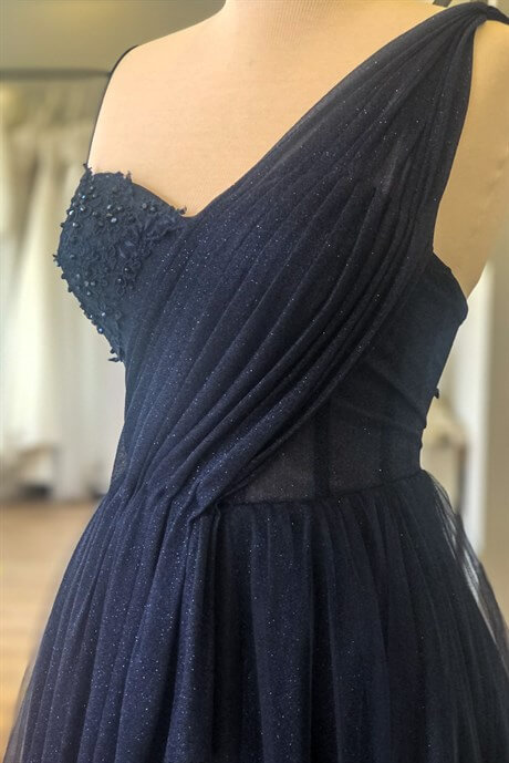 Navy Blue Draped Detailed Silvery Evening Dress