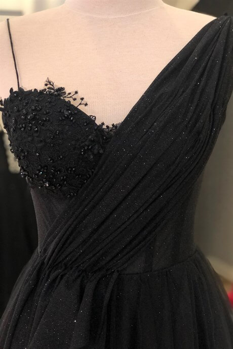 Black Draped Detailed Silvery Evening Dress