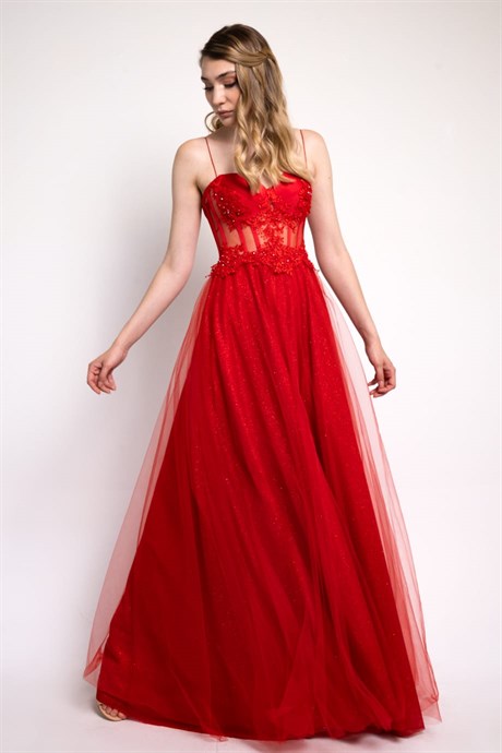Red Lace Detailed Transparent Evening Dress