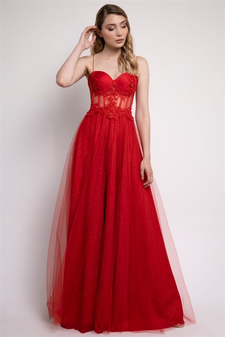 Red Lace Detailed Transparent Evening Dress