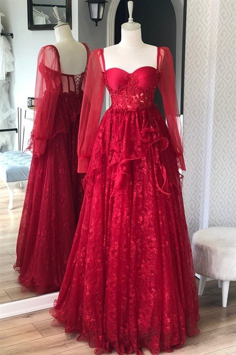 Red Silvery Lace Detailed Evening Dress