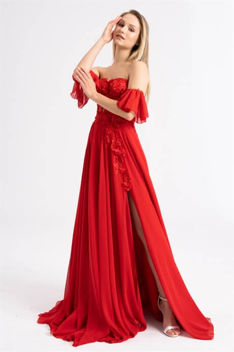 Red Transparent Lace Detailed Chiffon Evening Dress