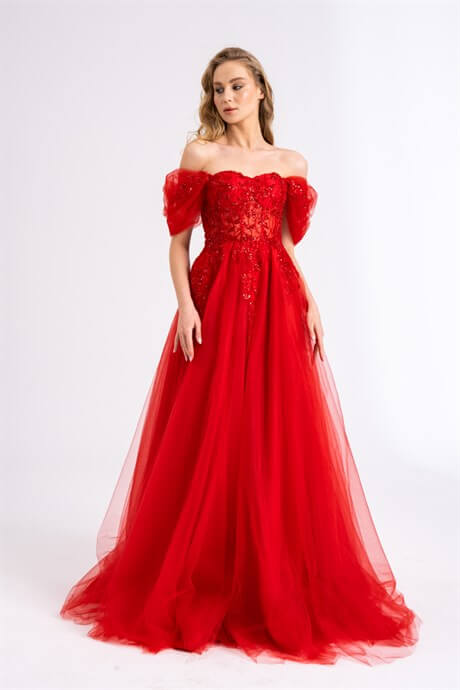 Red Leaf Pattern Embroidered Evening and Wedding Dress