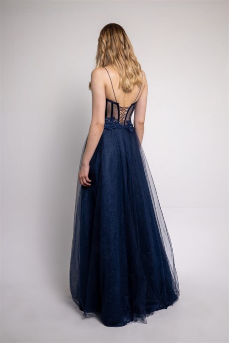 Dark Blue Lace Detailed Transparent Evening Dress