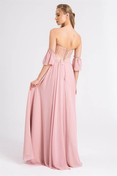 Powder Color Transparent Lace Detailed Chiffon Evening Dress