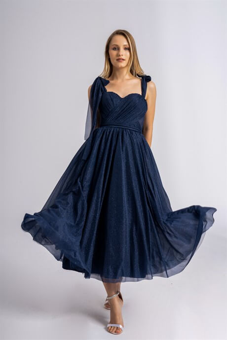 Dark Blue Midi Silvery Evening and Prom Dress