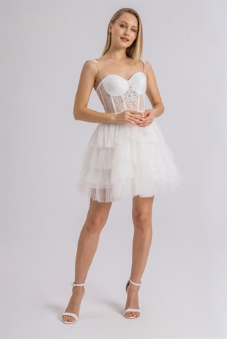Lenta Moda White Lace Detailed Mini Evening and Party Dress