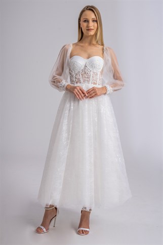 Lenta Moda White Midi Lace Detailed Evening and Wedding Dress