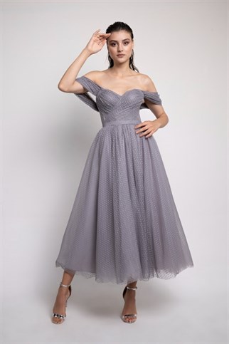 Gray Polka Dot Midi Evening Dress