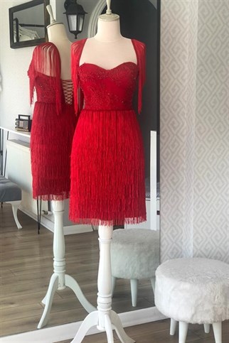 Kırmızı Püskül Etek Detaylı Mini Abiye/Gece Elbisesi