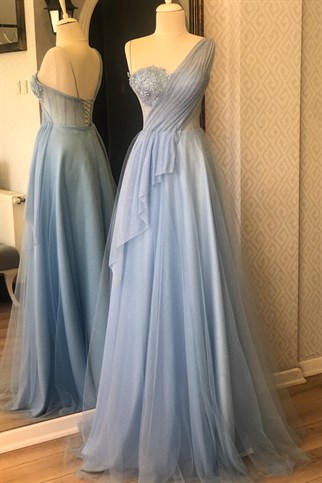 Ice Blue Draped Detailed Silvery Evening Dress