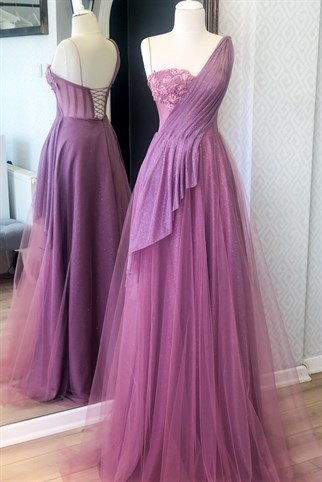 Rose Color Draped Detailed Silvery Evening Dress