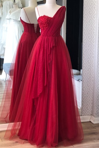 Red Draped Detailed Silvery Evening Dress