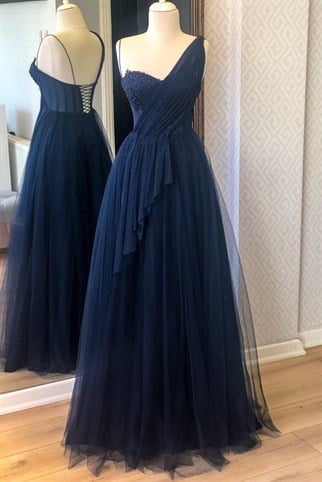 Navy Blue Draped Detailed Silvery Evening Dress
