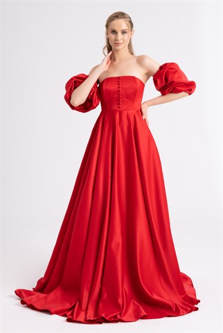Lenta Moda Button Detailed Red Satin Evening Dress