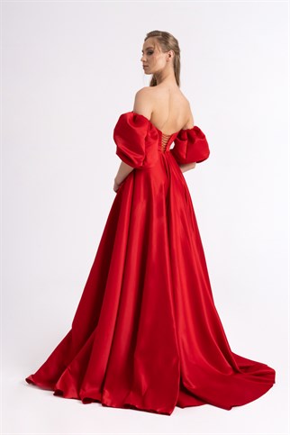 Lenta Moda Button Detailed Red Satin Evening Dress