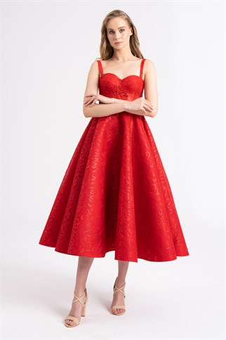 Red Grain Detailed Evening Dress