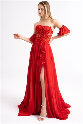 Red Transparent Lace Detailed Chiffon Evening Dress