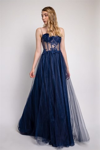 Dark Blue Lace Detailed Transparent Evening Dress