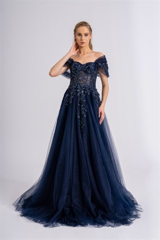 Navy Blue Leaf Pattern Embroidered Evening and Wedding Dress
