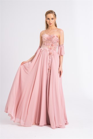 Powder Color Transparent Lace Detailed Chiffon Evening Dress