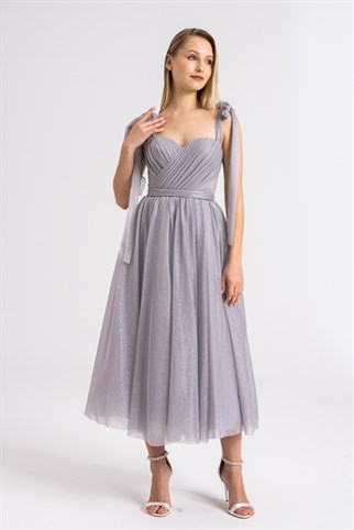 Gray Midi Silvery Evening and Prom Dress